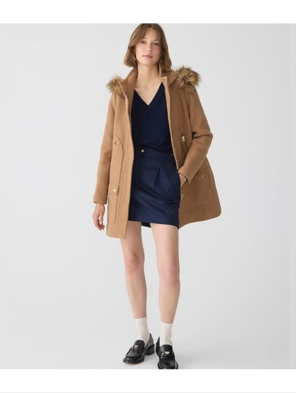 J. Crew Italian Stadium Cloth Nello Gori Tan Faux-Fur Trim Hooded Coat Size 2